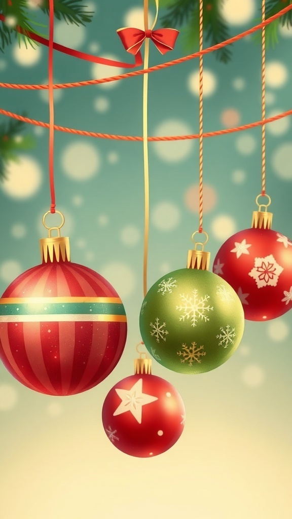 Colorful Christmas baubles with festive designs hanging from a string.